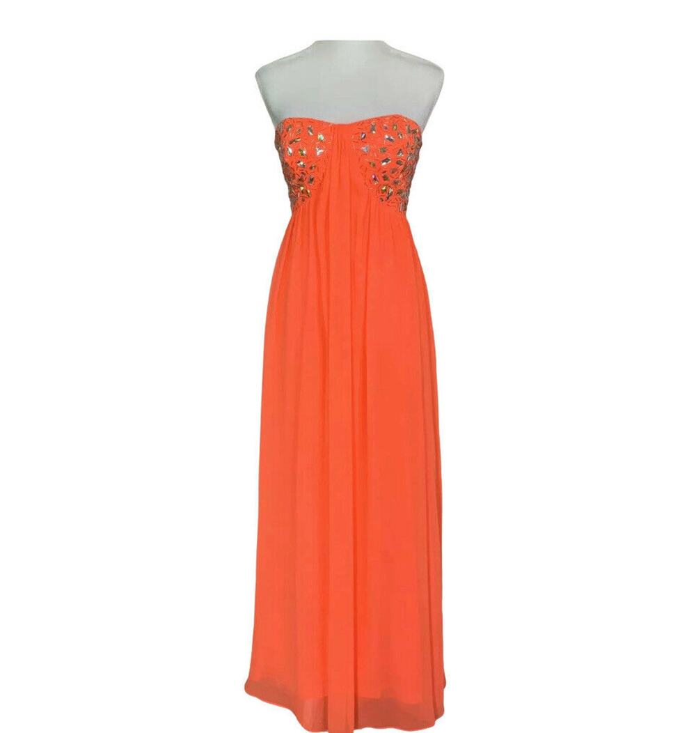 Morgan & Co Coral Pink Gown Strapless Beaded Sweetheart Chiffon Dress Size 7/8
